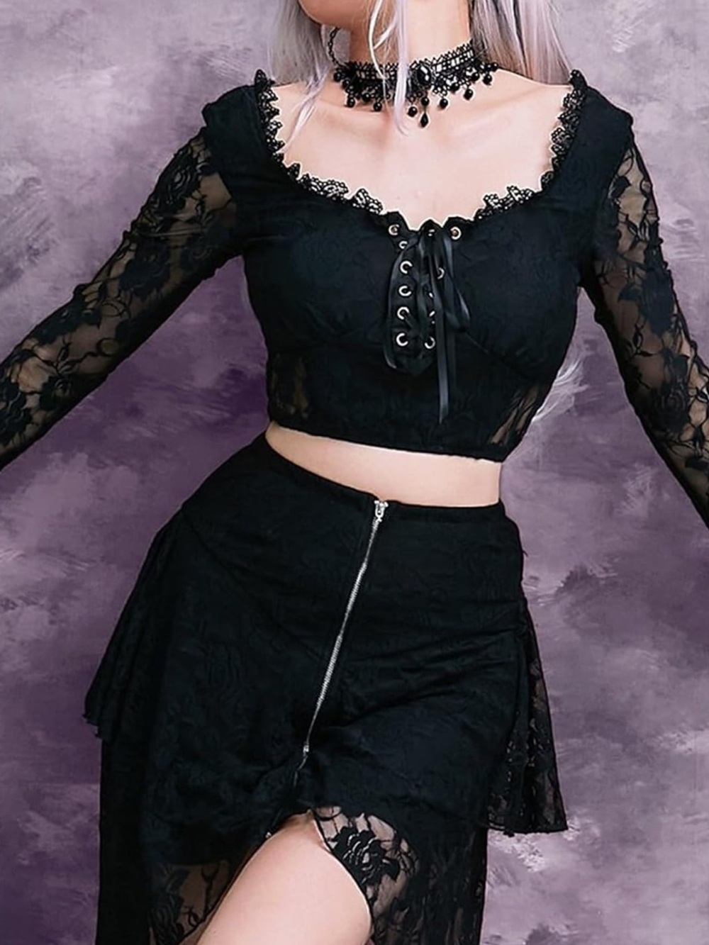 RESTYLE Goth Vampire Y2K 90s Black Lace Long-Sleeve Crop Top with Corset Tie XS